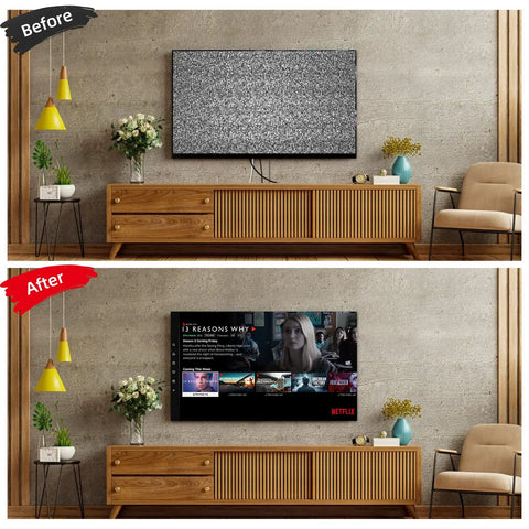 Before and after using In Wall TV Cable Management Kit For Wall Mounts White Finish With Hole Saw Drill showing clean setup