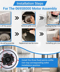 Installation steps for Powerful Yet Quiet Bathroom Fan Motor Replacement for QT80 Series 120V AC shown in images