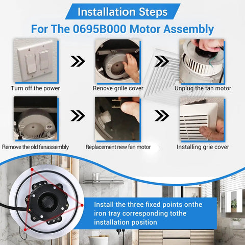 Installation steps for Powerful Yet Quiet Bathroom Fan Motor Replacement for QT80 Series 120V AC shown in images