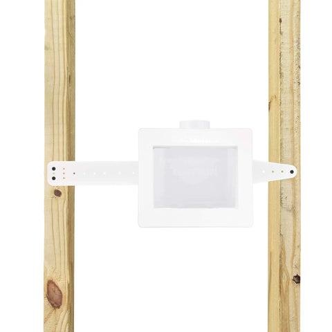 Universal Washer Hookup Box With Center Drain Outlet And Raised Drip Guard Featuring Heavy Duty Recessed Plumbing Frame in wall installation.