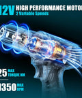 X-ray view of 12V cordless drill motor from 206-Piece Cordless Drill And Tool Kit With LED Light, highlighting high performance.