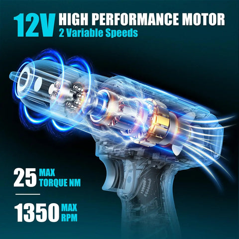 X-ray view of 12V cordless drill motor from 206-Piece Cordless Drill And Tool Kit With LED Light, highlighting high performance.