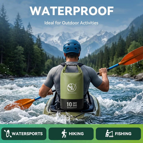 Kayaker wearing Rock Solid Waterproof Dry Bag Floating Backpack For Kayaking And Outdoor Adventures 10L on river, mountains in view