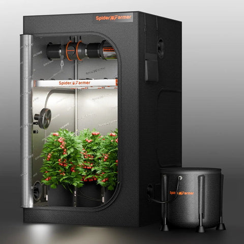 Auto Drip Irrigation System Kit With 13 Gallon Bucket, 25W Water Pump inside grow tent, visible plants and lighting setup