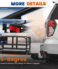 60 Inch Folding Hitch Mount Cargo Carrier Basket attached to SUV, showcasing 5-degree tilt, anti-corrosion coating, reflective stickers.