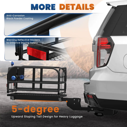 60 Inch Folding Hitch Mount Cargo Carrier Basket attached to SUV, showcasing 5-degree tilt, anti-corrosion coating, reflective stickers.