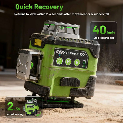 Front view of a green HUEPAR laser level with LCD display and 360° leveling