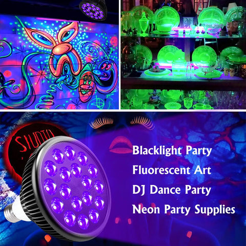 2 Pack 36W LED Black Light Bulbs E26 PAR38 Glow In The Dark UV 395nm for blacklight party and fluorescent art display