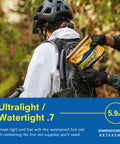 Side view of orange Adventure Medical Kit Ultralight/Watertight Medical Kit .7 in a backpack pocket during hike