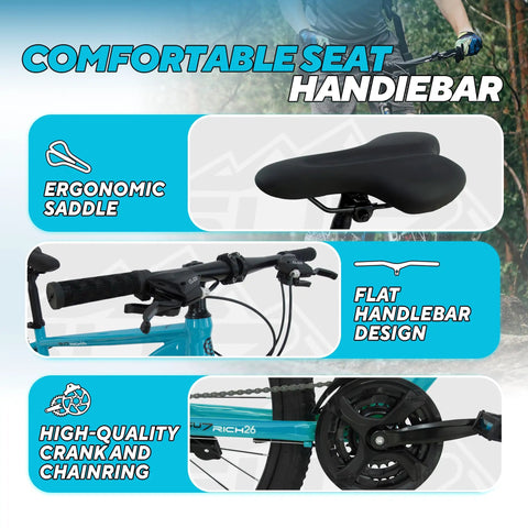 26 Inch Mountain Bike With 21 Speed Drivetrain Dual Disc Brakes And Front Suspension Fork Easy Setup With Comfort Saddle