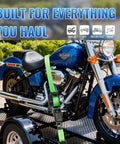 Heavy Duty Ratchet Straps One Inch By 10 Feet Four Pack Green 1500 Lb securing a motorcycle on a trailer.