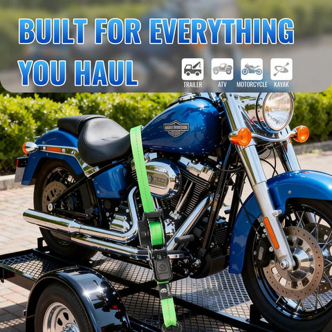 Heavy Duty Ratchet Straps One Inch By 10 Feet Four Pack Green 1500 Lb securing a motorcycle on a trailer.