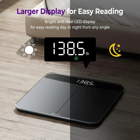 Digital Bathroom Scale With 450 Lb Capacity, 0.05 Lb Accuracy, large LED display on wooden floor.