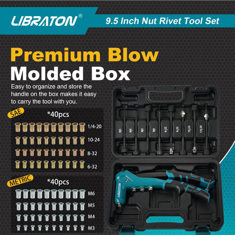 One Handed Rivet Nut Gun Kit With 80 Threaded Nuts And 8 Interchangeable Mandrels in black carrying case
