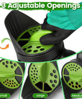 All Purpose Hand Spreader Shaker With Adjustable Opening Sizes And Flow Dial For Even Distribution Of Grass Seed Fertilizer Salt Ice Melt Up To 80 Oz Perfect For Lawn Care Gardening And Winter Driveway Maintenance dial close-up showing three adjustable settings