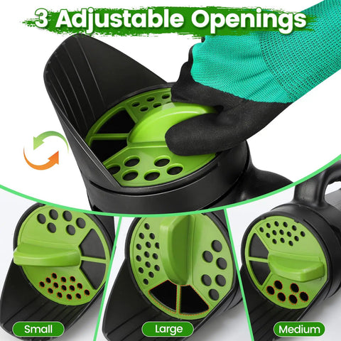 All Purpose Hand Spreader Shaker With Adjustable Opening Sizes And Flow Dial For Even Distribution Of Grass Seed Fertilizer Salt Ice Melt Up To 80 Oz Perfect For Lawn Care Gardening And Winter Driveway Maintenance dial close-up showing three adjustable settings