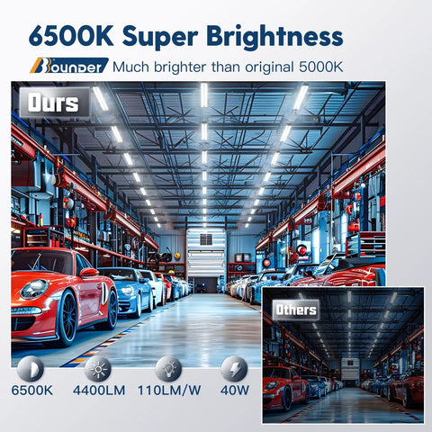 Linkable 10 Pack LED Shop Lights 4 Foot, 4400 Lumens, 6500K Cool Daylight garage lighting comparison in auto workshop
