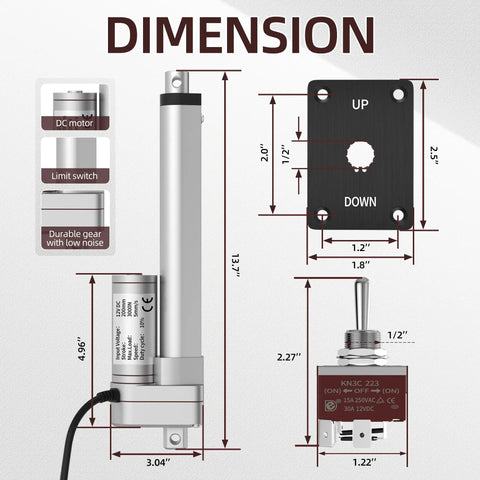 Dimensions of Beefy 8 Inch 12V Electric Cylinder Actuator, Heavy Duty Waterproof Piston Motor, 3000N force for furniture and industrial use