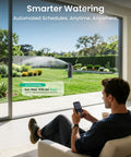 IrriSense 2 Smart Irrigation System in action, app control on phone, lawn sprinkler watering garden, visible rain sensor