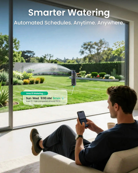 IrriSense 2 Smart Irrigation System in action, app control on phone, lawn sprinkler watering garden, visible rain sensor