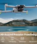 Pro Grade Drone With 48MP 8K Photo Sensor, 3 Axis Gimbal Stabilizer flying over a landscape with precision positioning features