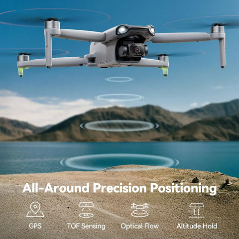 Pro Grade Drone With 48MP 8K Photo Sensor, 3 Axis Gimbal Stabilizer flying over a landscape with precision positioning features