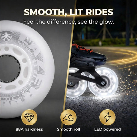 LazerWheelz Light Up Inline Skate Wheels for Indoor and Outdoor Use 80mm 88A White LED Replacement Wheels Set of 8 glowing