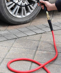 Pro Grade All Weather Air Hose Three Eighths Inch By Fifty Feet 300 PSI Heavy Duty Workhorse shown inflating car tire
