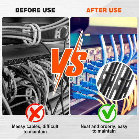 Comparison before and after using 8 Set 1U Cable Management Tie Bar Kit for 19 Inch Server Racks With Open Frame Cabinets Includes 8 Tie Bars 50 Zip Ties 16 Cage Nuts 16 Screws For Slick Pro Grade Wire Management And Cabling Organization