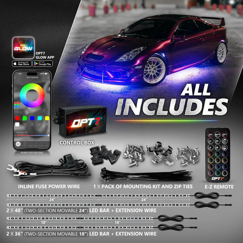 Aura Pro Underglow LED Lights Kit For Cars With App And Remote Control RGB Multicolor Modes Music Sync Waterproof Rigid Aluminum Light Bar