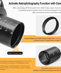 Close-up of 10x60 Finder Scope focusing dial with T2 extension tube for astrophotography setup.