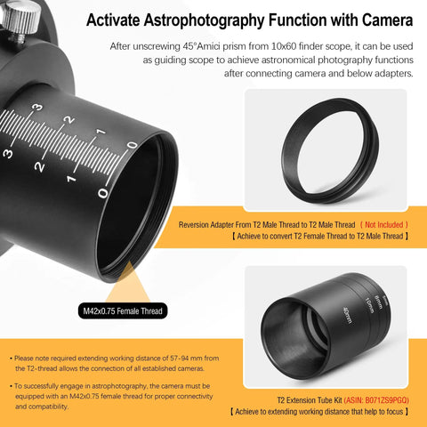 Close-up of 10x60 Finder Scope focusing dial with T2 extension tube for astrophotography setup.