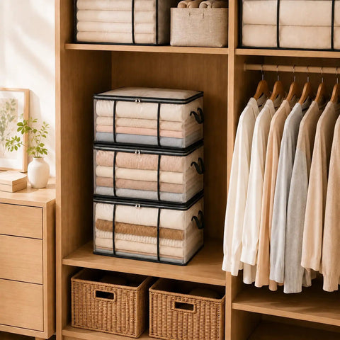 Giant Clear View Storage Bag For Blankets And Comforters Super Spacious Eighty Liter See Through Organizer stacked with rolled blankets.