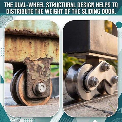 Built Tough Heavy Duty V Shaped Groove Wheel Sliding Gate Casters With Double Bearings And Detachable Brackets For Inverted Tracks And Rolling Door Smooth Rollin Replacement Setup Kit showing dual-wheel design for weight distribution.