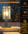 Outdoor Dusk To Dawn Post Light Set in Matte Black With Clear Glass Panels in rain, highlighting weatherproof features.
