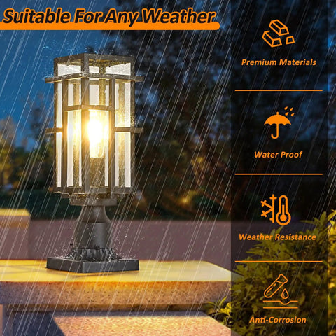 Outdoor Dusk To Dawn Post Light Set in Matte Black With Clear Glass Panels in rain, highlighting weatherproof features.