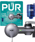 3-In-1 Lead-Reducing Faucet Water Filter System for Sink, NSF and WQA Certified, Metallic Grey, shown with packaging and filter cartridge