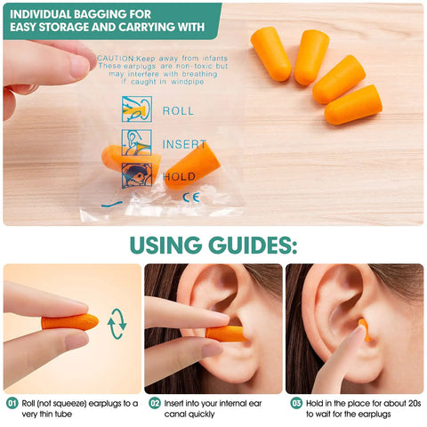 Packaging and instructions for Orange Foam Ear Plugs With 33dB NRR For Sleep Work And Loud Noise Ultra Soft Comfortable Fit Hygienic