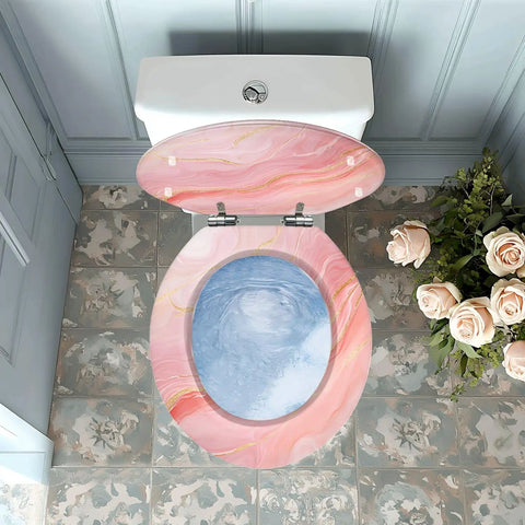 Round Resin Toilet Seat for Bathroom with pink and blue marble design, fittings attached, top view, suitable for various toilet models.