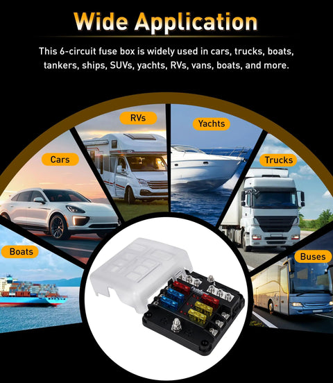 Pro Level 6 Way Fuse Block With Rugged Waterproof Build And Snappy Led Alerts Comes Stacked With Blades To Keep Your Rig Boats Or RV Circuits Humming Smooth, displayed with applications in various vehicles.