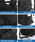 Detailed features of 35L Tactical Backpack With Shoe Compartment For Men, 1000D Water Resistant MOLLE Rucksack, showing handle, zippers, and pockets.