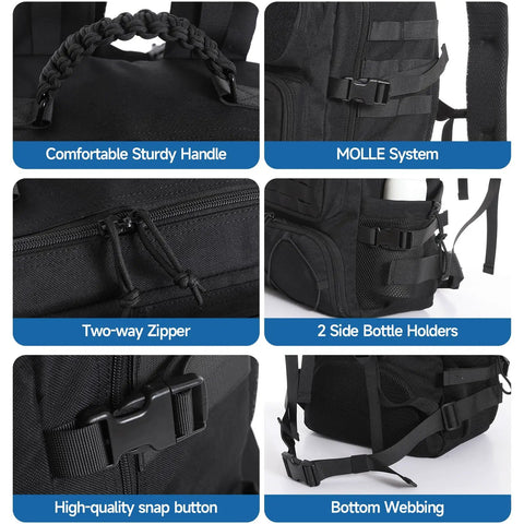 Detailed features of 35L Tactical Backpack With Shoe Compartment For Men, 1000D Water Resistant MOLLE Rucksack, showing handle, zippers, and pockets.
