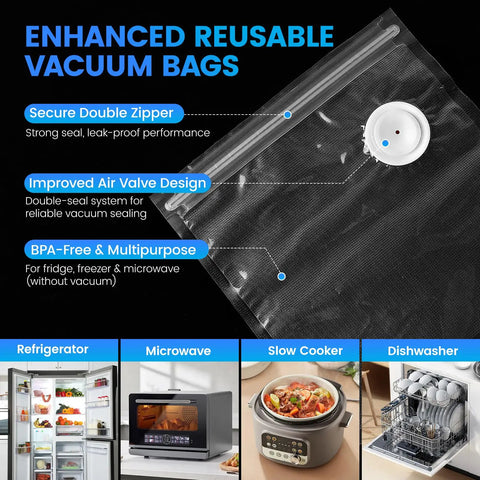 Enhanced reusable vacuum bags with secure double zipper and air valve, for Visible Tank Handheld Food Vacuum Sealer With One Touch.