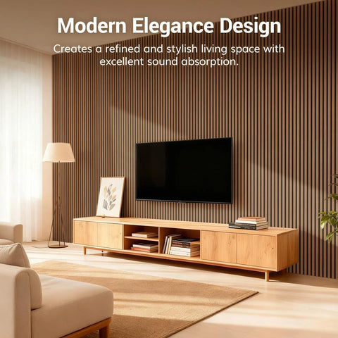 Game Changer Walnut Wood Slat Wall Panels Four Pack Acoustic Sound Dampening Board Set For Zero Drama Noise Cancelling home office and living room decor.