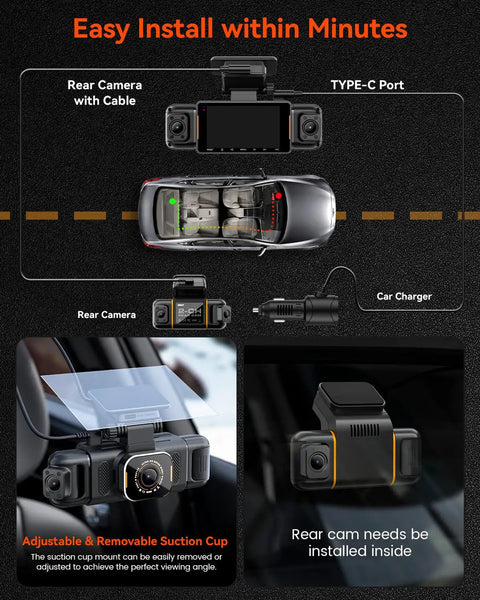 Diagram of setup for Five Channel Dash Cam With 360 Degree View And WiFi 6 App, highlighting rear camera and suction cup mount.