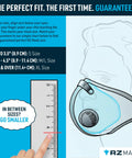 Illustration showing sizing guide for All Day Reusable Air Filtration Mask With Ninety Nine Point Eight Percent Filtration Anti Fogging.