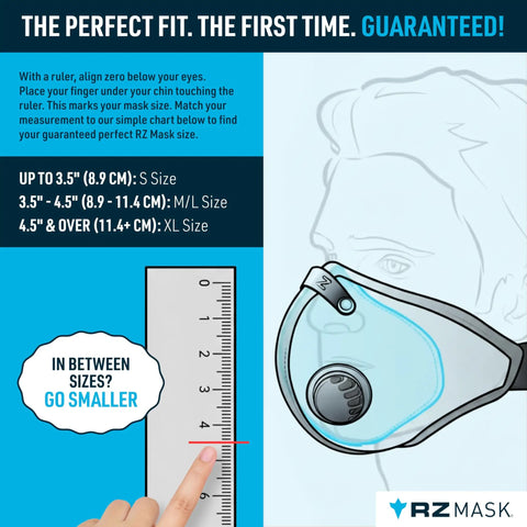 Person measuring face for size with ruler and wearing side view of M3 Patented 99.8 Percent Filtration All Day Reusable Air Filtration Mask.