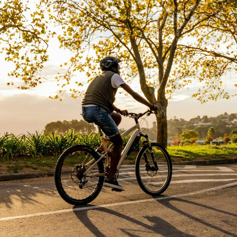 Cyclist using heavy duty bike inner tubes for 28/29 inch wheels at sunset on tree-lined path.