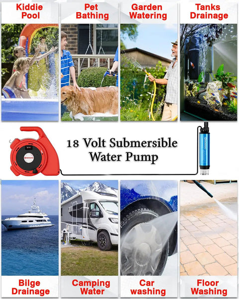 Portable Battery Powered Transfer Pump 635GPH 120W Compatible With Milwaukee 18V Battery, ideal for garden, pool, tank use.