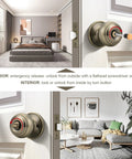 Privacy Door Knob Lock Set For Interior Bedroom And Bathroom Doors Keyless Turn Button Privacy Round Ball Handle In Antique Brass Stainless Steel Durability 5 Pack, showing turn-button mechanism in bedroom and living room settings.